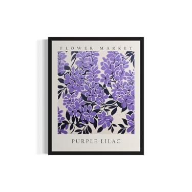 Imagem de Pôster de impressão artística de mercado de flores lilás roxo, pintura pastel botânica estética floral para quarto, decoração de sala de estar de banheiro 75 (lilás roxo, 28 x 35,5 cm, moldura preta)