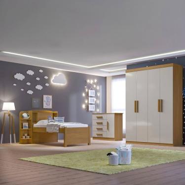 Imagem de Quarto Infantil Completo com Guarda-Roupa Cama 100% MDF e Cômoda Angel Cinamomo / Off White