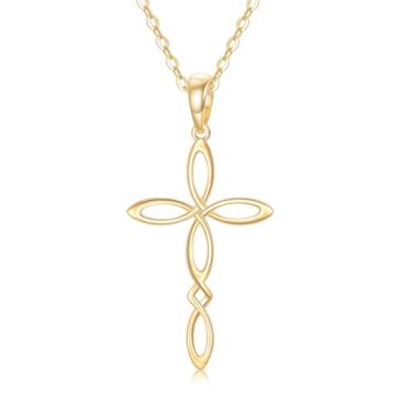 Imagem de UXQ Colar de ouro maciço 14K para mulheres, cruz, infinito, coração, rosa, girassol, nó celta, colar com pingente de cruz, joias religiosas cristãs, presentes para sua mãe, avó, Natal, aniversário
