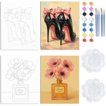 Imagem de WEBEEDY 2 pacotes de kit de sorvete e pintura para adultos, salto alto e perfume, tela pré-desenhada de 20 x 25 cm com desenho pronto para pintar, pintura em tela pré-esboçada para encontro, noite