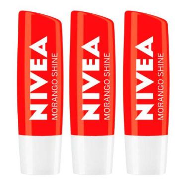 Imagem de NIVEA Kit com 3 Unidades  Hidratante Labial Morango Shine 4,8g, Kit