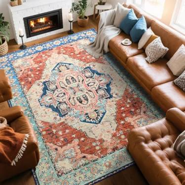 Imagem de Tapetes de área grande 20 x 25 cm, tapetes laváveis de pelo baixo, tapetes macios vintage envelhecidos para sala de estar, quarto, escritório, sala de jantar, repelente de água e sem queda, terracota