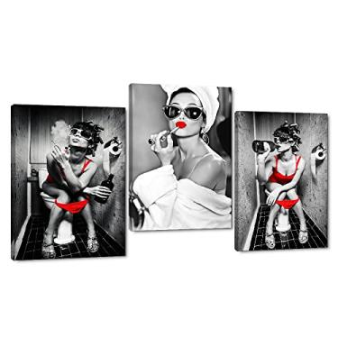 Imagem de Beautiful Girl With Red Sexy Underwear Canvas Prints Poster Modern Sexy Woman Sitting on the Toilet Wall Art Picture 3 Painéis Lábios Vermelhos Arte para Decoração de Parede de Bar Emoldurado Pronto