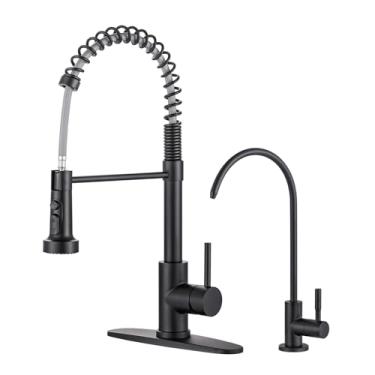 Imagem de Torneira de cozinha e torneira de filtro de água: Torneira de pia de cozinha de aço inoxidável ARCORA com torneira de água potável - Torneira de alça única preta com pulverizador de puxar para baixo