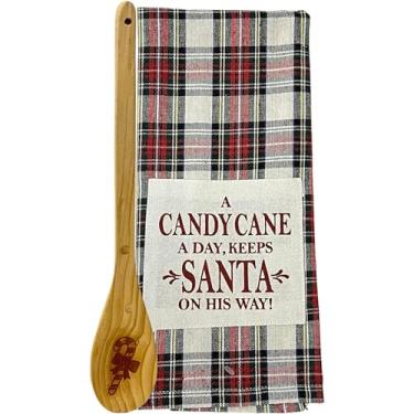 Imagem de Toalha de cozinha de Natal e colher de madeira, 33 x 53 cm, uma bengala doce por dia mantém o Papai Noel a caminho! Xadrez vermelho e preto