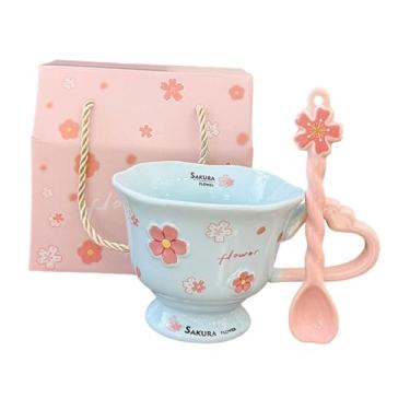 Imagem de IEUDNS Caneca de café de cerâmica exclusiva para chocolate quente 380ml kawaii com colher para chá, leite, latte, cappuccino, xícara de café floral feminina, Azul