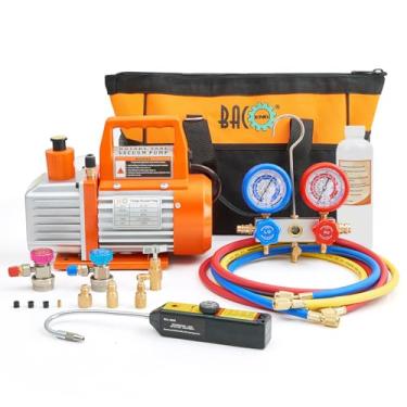 Imagem de BACOENG Conjunto de bomba de vácuo e medidor de 4 CFM, kit de bomba de vácuo HVAC com detector de vazamento para refrigerantes R134a R410a R12, com acopladores rápidos R134a e torneira