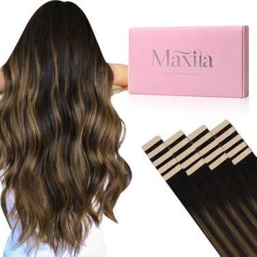 Imagem de MAXITA Extensões de cabelo humano fita adesiva 61 cm 50 g 20 peças Balayage marrom escuro a castanho castanho real extensões de cabelo humano real Remy extensões de cabelo liso sem costura para