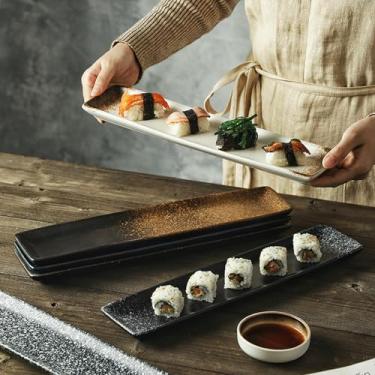 Imagem de Prato quadrado de cerâmica com 38 cm de comprimento, utensílios de mesa japoneses para sushi doméstico-Heizhen