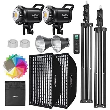 Imagem de Godox SL60II-D Kit de luz de vídeo LED, conjunto de 2 unidades de luzes contínuas, softbox de grade quadrada, suporte de luz, controle remoto e grade de favo de mel para gravação de vídeo em estúdio