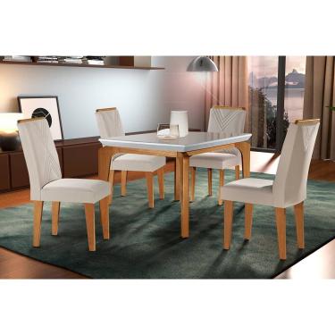 Imagem de Conjunto: Mesa de Cozinha Londrina c/ Tampo Madeirado c/ Vidro Canto Curvo 120x80cm e 4 cadeiras Amsterdã Imbuia/Off White - Suede Creme - Rufato