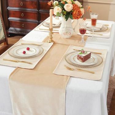 Imagem de Conjunto de 7 peças reversível de veludo esmagado para mesa e jogo americano, tapetes de jantar laváveis e resistentes ao calor, elegante decoração vintage de casa de fazenda para jantar (creme)