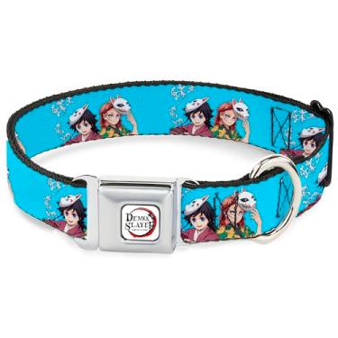 Imagem de Coleira para animais de estimação Aniplex of America, coleira de cachorro, fivela de cinto de segurança de metal, Demon Slayer Giyu e Sabito Warding Mask Pose Blue, 24 a 33 cm de largura