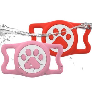 Imagem de WhoseID Suporte para etiqueta IP68 Waterpoof Dog AirTag, suporte de silicone elástico para Apple Air Tag para coleira de cachorro e gato, adequado para coleira de todas as larguras (Rosa/Vermelho)