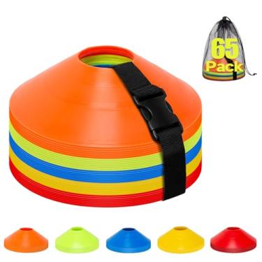 Imagem de Pacote com 65 cones de futebol de agilidade para treinamento, cones esportivos reutilizáveis para exercícios com bolsa de malha, cones de treinamento para treino de futebol, basquete - equipamento de
