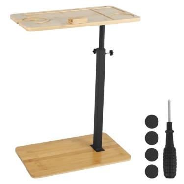 Imagem de Mesa de canto em forma de C para braço de sofá, mesa giratória de TV e suporte de telefone giratório de 360°, mesa lateral de sofá de altura ajustável para cadeira reclinável ou cama, mesa de bambu