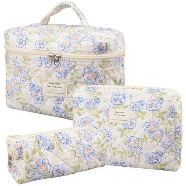 Imagem de Bolsa de maquiagem Honitty Quilted Cosmetic Bags, conjunto floral de 3