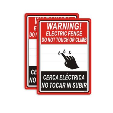 Imagem de Pacote com 2 placas elétricas de aviso de cuidado bilíngue Não toque ou suba, CERCA ELÉCTRICA NO NO TOCAR NI SUBIR 35,5 x 25,4 cm metal refletivo resistente ferrugem alumínio à prova de intempéries