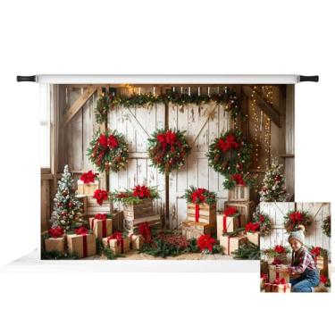 Imagem de Kate Guirlanda de Natal rústica para porta de celeiro com cordão de luzes para presente decoração de fundo foto adereços de tecido 2,1 x 1,5 m