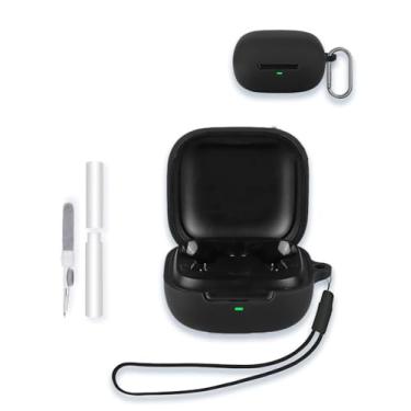 Imagem de Capa para fones de ouvido EarFun Air Pro 4i sem fio (TW230), capa protetora portátil de silicone macio WUNIAK resistente a arranhões com kit de limpeza, mosquetão e cordão, preta