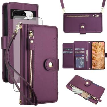 Imagem de Asuwish Capa de celular para Google Pixel 8 5G carteira com zíper, protetor de tela de vidro temperado e alça de pulso transversal, suporte para cartão de crédito Pixel8 oito mulheres meninas roxo