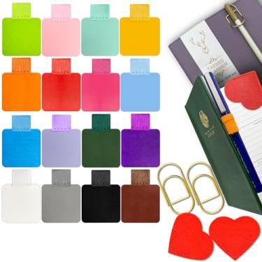 Imagem de Suporte autoadesivo de caneta para notebook, 16 cores, com 2 canetas extras, 2 marcadores de livro de couro, como combo para agenda, diário, tabuleiro, calendários, bíblia, campus, escola, escritório