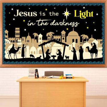 Imagem de Conjunto de decoração de quadro de avisos religiosos de Natal com tema de Jesus com recortes de presépio para sala de aula conjunto de quadro de avisos cristão para decoração de porta inspiradora de