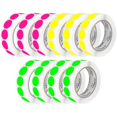 Imagem de Perco Etiquetas adesivas de ponto circular perfurado de 2,5 cm — 10 rolos, 10.000 adesivos fluorescentes redondos (4 verdes, 3 amarelos, 3 rosas) — com adesivo permanente para codificação de cores