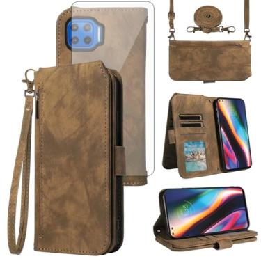 Imagem de Asuwish Capa para celular Motorola Moto One 5G/One5G UW/Moto G G5 Plus com protetor de tela de vidro temperado, alça transversal, suporte para cartão One Lite XT2075-1 feminino masculino marrom