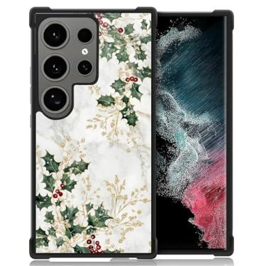 Imagem de CARLOCA Capa compatível com Samsung Galaxy S24 Ultra Design para meninas à prova de choque antiarranhões capa traseira rígida PC estética padrão de azevinho folhas douradas Natal branco mármore verde