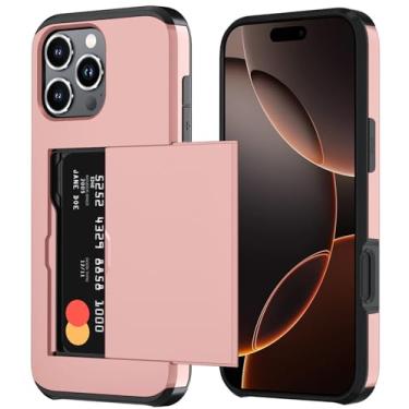 Imagem de Qinmay Capa carteira compatível com iPhone 16 Pro Max, suporte de cartão embutido, camada dupla protetora resistente à prova de choque com compartimento para cartão oculto, capa fina para celular para