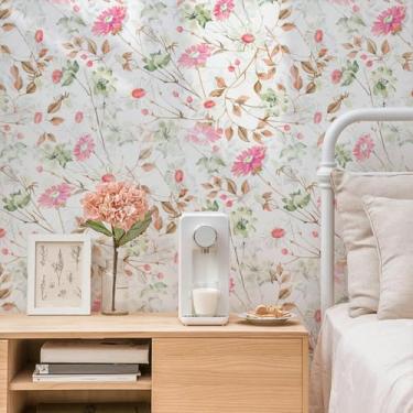 Imagem de ESSMOKO Papel de parede colorido planta flor hidrosol papel de parede sala de estar quarto escritório decoração de fundo adesivo de parede rosa crisântemo 45 * 600 cm