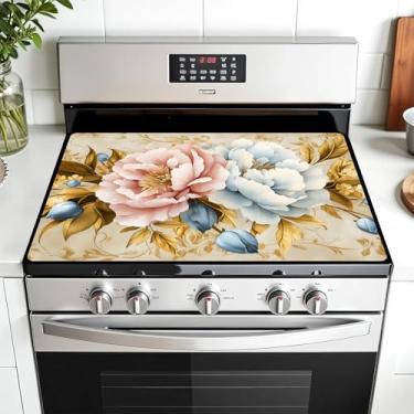 Imagem de AOHMPT Capa superior de fogão multidesign para fogões de vidro/elétricos - Tapete protetor resistente ao calor 3 em 1, escorredor antiderrapante 71 x 50 cm (peônia branco-rosa, 71 cm C x 50 polegadas)