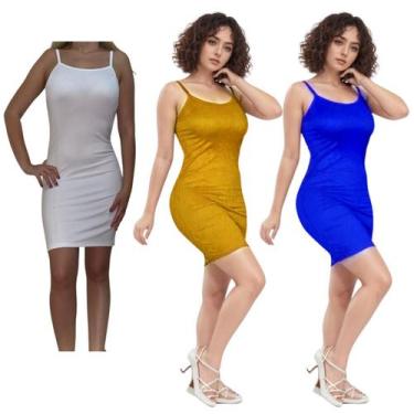 Imagem de KIT C/3 Vestidos Alcinha Canelado - Emporio J, Branco, Mostarda, Royal