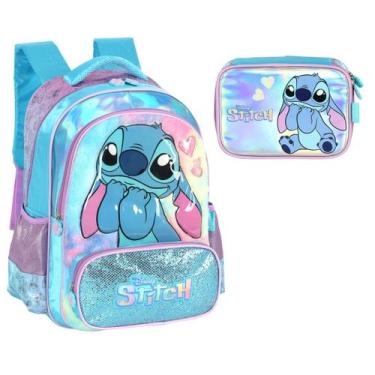 Imagem de Kit Mochila Costas e Estojo Stitch 3D em Alto Relevo AZUL - Luxcel