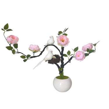Imagem de Bonai artificial com vaso de cerâmica, pássaros decorativos, flores de peônia falsa para sala de estar, sala de estudo, decoração de casamentos (flores rosa, 50 cm L)