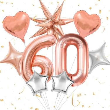 Imagem de Decorações de aniversário de 60 anos, ouro rosa, artigos de festa de feliz aniversário, balão número 101 cm, balão de ponta de ouro rosa e balões de folha de estrela de coração para mulheres