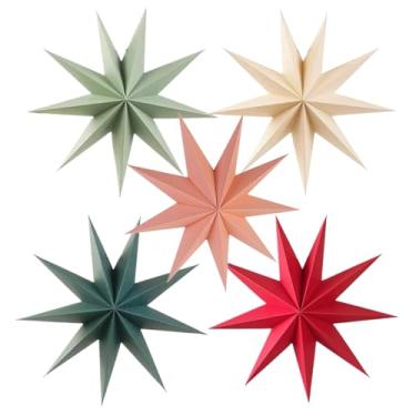 Imagem de 5 peças de estrela de papel vermelha, rosa, verde, bege, 30,5 cm, 9 pontas, pendurada, colorido, estrelas, enfeites para Natal, casamento, aniversário, casa, decoração de festa de inverno