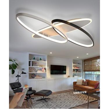 Imagem de Luminária de teto LED regulável 60W 6900lm Lâmpada de quarto oval preta e branca Lâmpada de teto moderna com controle remoto 3 anéis Design de lâmpada de sala de jantar Alumínio acrílico Sal
