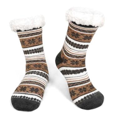 Imagem de CaiDieNu Meias felpudas masculinas com pegas, Floco de neve marrom 01, 9-12