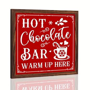 Imagem de Barra rústica de chocolate quente com moldura de madeira placa de inverno aconchegante decoração de parede para decorações de Natal decoração de casa de fazenda decoração de inverno cozinha de 20 x 20