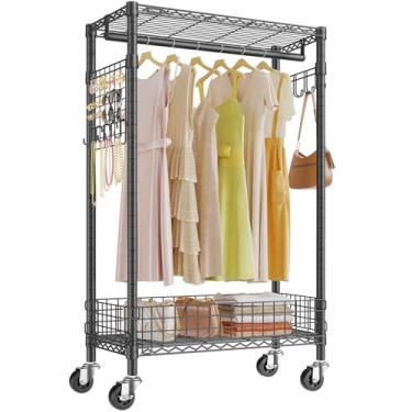 Imagem de VIPEK R1 Suporte para roupas com rodinhas com placa de metal e cestas de armazenamento e rodas com trava | comporta armário portátil resistente de até 190 kg para lavanderia, apartamento, ideal para