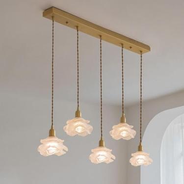 Imagem de Lustre Cluster Lustre Pendente de Vidro V-intage Vidro Leite Flor Pendente Luz 5 Longo Luminária Linear Luminária Pendente de Teto Moderno para Sala de Jantar Ilha de Cozinha, 5 Luzes