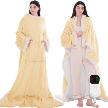 Imagem de JKMAX Cobertor elétrico vestível – roupão com mangas e bolsos para os pés – 10 níveis aquecimento automático sherpa moletom com capuz para adultos (127 x 190 cm, bege)