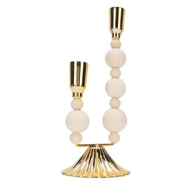 Imagem de Suporte de vela rústico francês Cffuvros, suporte de castiçal alto de cabeça dupla cônico com design de contas de ferro e madeira, peça central de mesa preta dourada para sala de