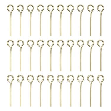 Imagem de HARFINGTON 100 peças de pinos de cabeça de olho aberto em ouro 14K 16 mm mini pinos de metal com contas pequenas agulhas a granel para brinco, pingente, colar, pulseira, berloque, fabricação de joias