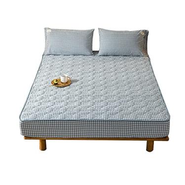 Imagem de Lençol de baixo elástico macio resistente a rugas, capa de colchão acolchoado espesso, forro de colchão permeável ao ar para quarto, apartamento, hotel, cinza, 150 × 200 cm + 30 cm (grade azul