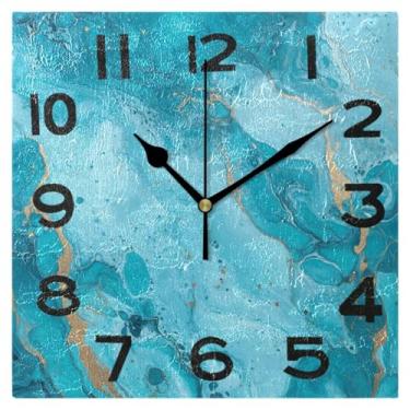 Imagem de Peystean Relógio de parede quadrado moderado de 20 cm, lindo relógio de mesa analógico silencioso com tinta de mármore turquesa, sem tique-taque, operado por bateria, ideal para casa, cozinha
