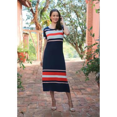 Imagem de Vestido Pau a Pique Listrado Azul Marinho e Laranja