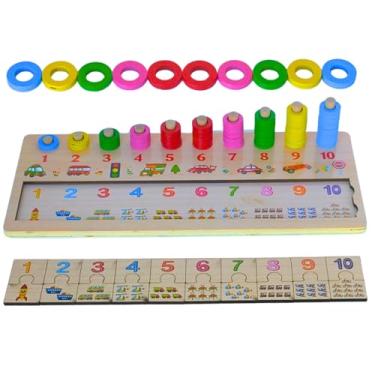 Imagem de Brinquedo Educativo de Madeira Infantil 3+, Encaixe de Formas e Tabuleiro de Contagem – Estimula Coordenação Motora, Cores, Números e Raciocínio Lógico – Opções Columns e Matchboard (Three in One)